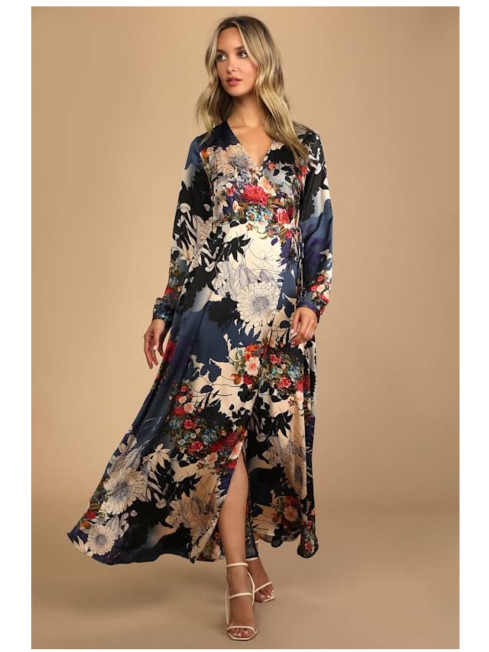 Lulu's Navy Floral V-Neck Long Sleeve Maxi Dress